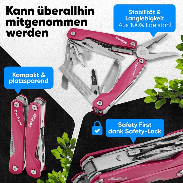 AVENTURIS® Multitool. Great multi-function tool as bicycle accessory or outdoor gear, a multitool tool as men's gifts or Leatherman multitool green (Personalized, Pink)