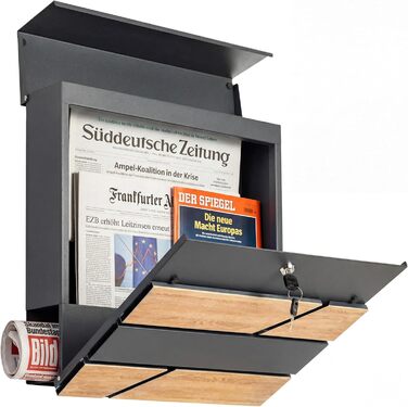 Поштова скринька Verda з газетницею, 37x37x11 см, антрацит RAL 7016, срібло, 2 ключі, комплект для монтажу. Дизайнерська настінна поштова скринька з відділенням для преси