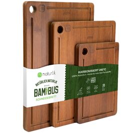 Велика бамбукова дошка для нарізання Naturlik XXL 45x30 см, карбонізована дерев'яна кухонна дошка з жолобом для соку та ручками для м'яса, овочів та хліба, набір 3 шт.