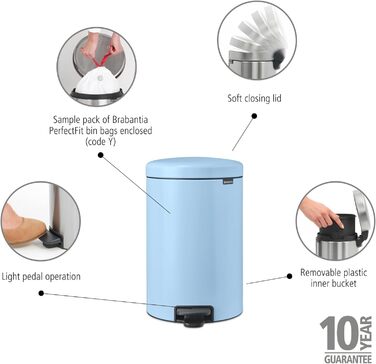 Відро для сміття Brabantia NewIcon 30L з м'яким закриттям кришки та педальним механізмом, 29 x 38 x 68 см, блакитний