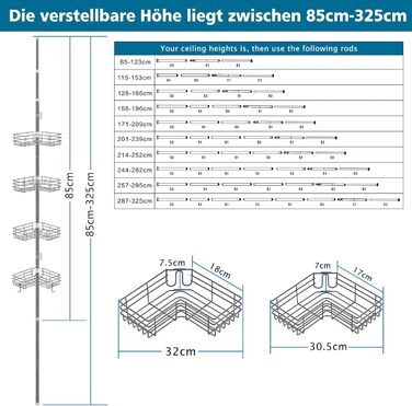 FIISAYL Shower Shelf No Drilling Telescopic Shower Rack Metal Corner Shelf Bathroom Shelf with 4 Shower Baskets, Height Adjustable 85-325cm, Suitable for Bathtub, Bathroom and Kitchen, Grey