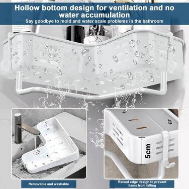 Поличка для душу без свердління, кутова, для ванної кімнати, органайзер, з 2 гачками (біла)