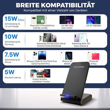 Бездротовий зарядний стан для iPhone, Samsung, Google Pixel (15W, Qi, чорний)