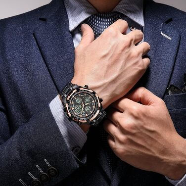 Чоловічий годинник з хронографом: сталевий, водонепроникний, з датою та будильником, аналогово-цифровий дисплей (рожеве золото, чорний)