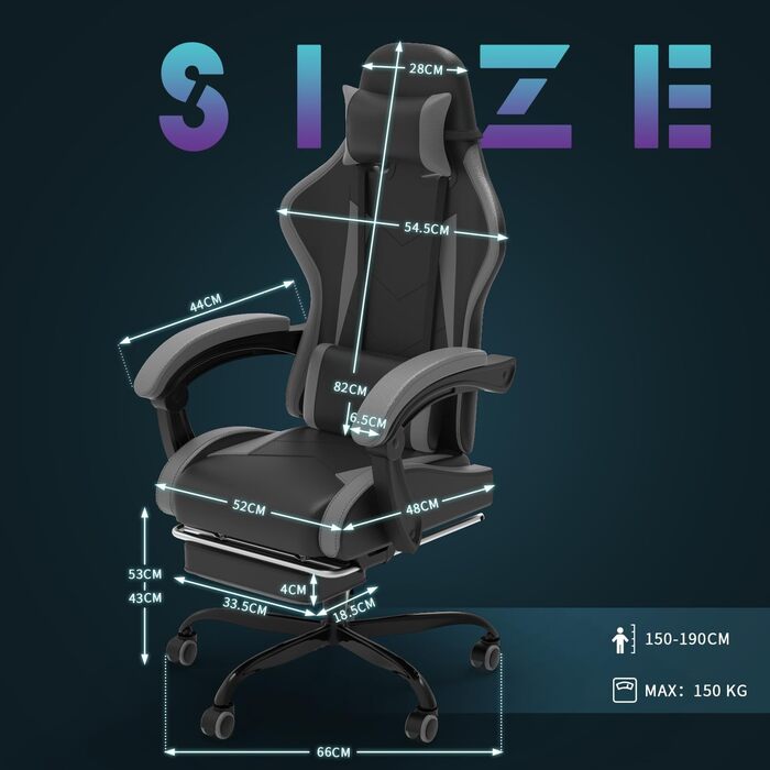 Devoko Massage Gaming Chair, Computer Office Chair with Footrest, Racing Gamer Chair 150kg Weight Capacity, 90-135° Adjustable Backrest, 360° Swivel, Gray