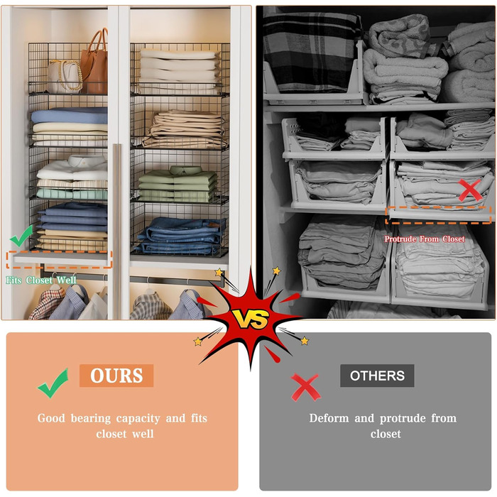 4-Tier Stackable Closet Organizer and Storage Shelves, Clothes Rack, Organizer, Basket Bins, Foldable Sweater Storage for Closet Organizer System, Black (patent pending)