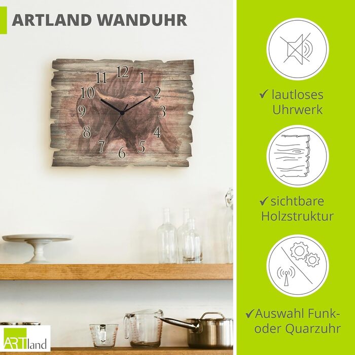ARTLAND Wall Decor Wall Clock without Ticking Sound, Wood, 30x40 cm, Rectangular, Silent, Nature, Animals, Forest Landscape, Original, Nordic, T5YP (Bull, Quartz Clock)