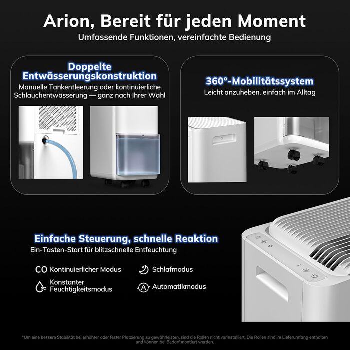 Електричний осушувач повітря AEOCKY 20L/день, 40м², з відведенням води, для підвалу, пральні, спальні, ванної кімнати, білий