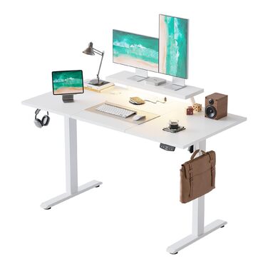 Електричний регульований стіл Agilestic 140x60 см з LED-підсвіткою, USB-портом та мобільним тримачем монітора, білий