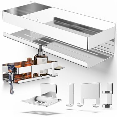 Набір для зберігання в душі Henal 5 в 1: полиця, тримач для бритви, скребок для скла, мильниця, гачок. Без свердління, з нержавіючої сталі, XXL органайзер для ванної кімнати