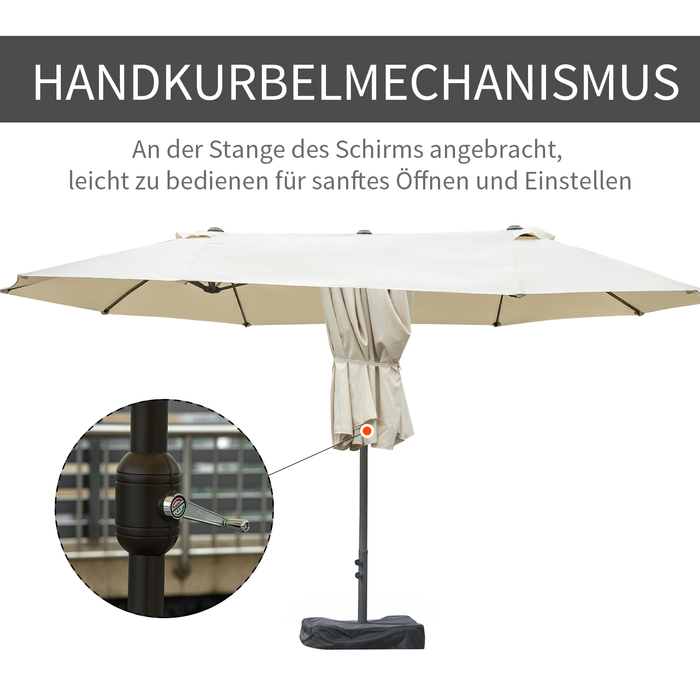 Outsunny Double Canopy Sun Umbrella Garden Umbrella Patio Umbrella with Hand Crank and Umbrella Stand, Oval 460 x 270 x 240 cm in Cream White