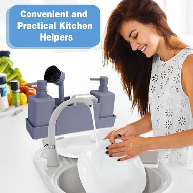 CAUTIOUS 350ml Sink Organizer with Brush, Soap Dispenser Sponge Kitchen Dish Soap Dispenser Set Made of Plastic, Sink Organizer with Two Soap Dispensers, Kitchen Gadget Organizer (gray)