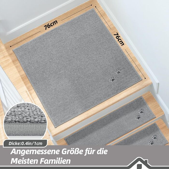 BEQHAUSE Non-Slip Stair Treads - 15 Piece Set - Washable Carpet for Kids, Seniors & Pets - 22x70cm Polyester & TPE