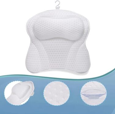 Penelife Bathtub Pillow with 6 Suction Cups - Ergonomic Bath Pillow with 4D Air Mesh Technology - Neck Pillow for Optimal Relaxation - White Bathtub Cushion