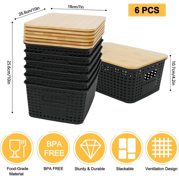 UHAPEER Storage Box with Bamboo Lid, 6 Pack Storage Basket, Plastic Basket Storage, Kitchen Organizer White, Stackable Storage Boxes, Box with Lid 25.6 x 18 x 10.7 cm (Black)