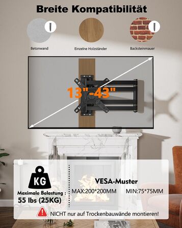Настінне кріплення для телевізора WHYFONE поворотне 180°, подовжений кронштейн 1036мм, для 13-43