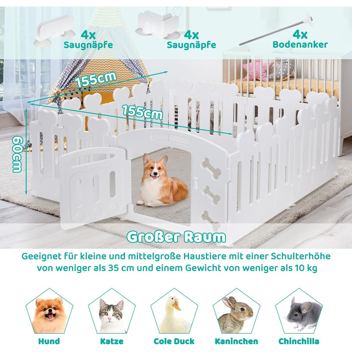 Льох для цуценят MAMIZO 60 см, огорожа для собак з пластикових панелей, портативна сітка для собак, загородження для собак з воротами, включає присоски та ґрунтові анкери, вольєр для собак для дому та вулиці (7+1, білий)