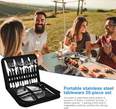 Набір посуду для кемпінгу на 4 особи, 20 предметів: ложки, виделки, ножі, тарілки, кліпси, відкривачка. Набір столових приборів з нержавіючої сталі для пікніків та відпочинку на природі