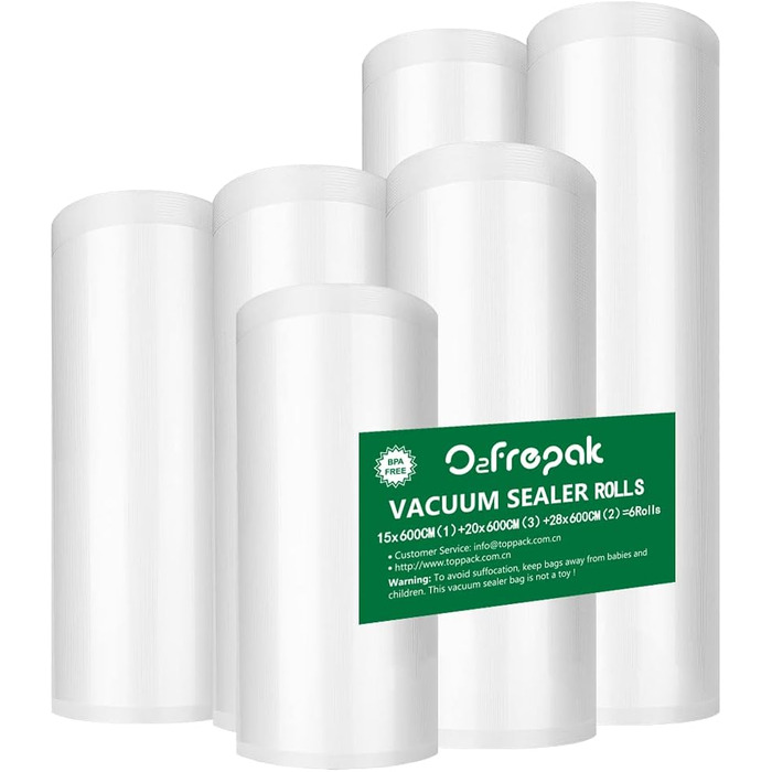 O2frepak 6 Rolls of Film 15x600cm (1) and 20x600cm (3) and 28x600cm (2) Vacuum Sealer Rolls for Food, BPA-Free Vacuum Sealer Bags Sous Vide Bags Film for Vacuum Sealers and Foil Sealers Suitable