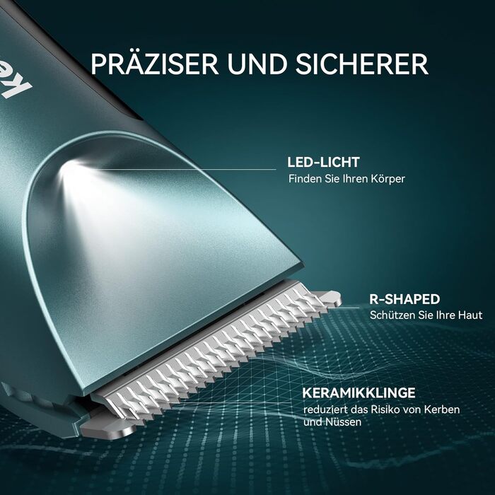 Електричний тример для тіла чоловічий Kensen з LED-підсвічуванням, водонепроникний IPX7, 100 хвилин роботи, зелений