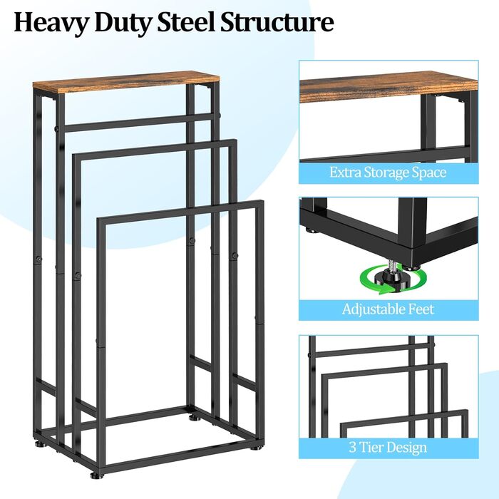 Підставка для рушників стояча, 3-ярусна з полицею з дерева, металева, з регульованими ніжками, для ванної кімнати та спальні, 40x30x82 см (колір: коричневий)