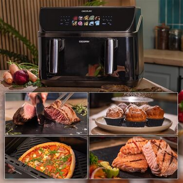 Cecotec Oil-Free Hot Air Fryer - 10L - Grill Plate - Grill - Double Heating Elements - Cecofry & Grill Duoheat 10000. 2800W, Movable Dividing Wall, Temperature Control 40-200°C, 10 Menus