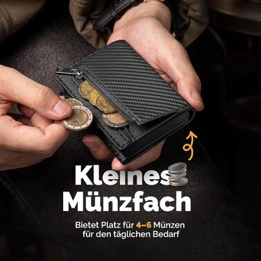 Чоловічий тонкий гаманець Portmonee з захистом RFID, Smart гаманець для карток та грошей, компактний Air Tag гаманець для 12 карт та 2 посвідчення, гаманець з висувним механізмом та відділенням для монет, A002 - Чорний карбон