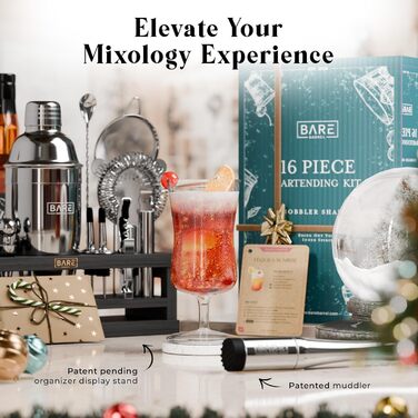 Набір бармена BARE BARREL® для приготування коктейлів | 16 предметів | Шейкер, барне аксесуар, інструменти для дому | 35 рецептів | Подарунковий набір
