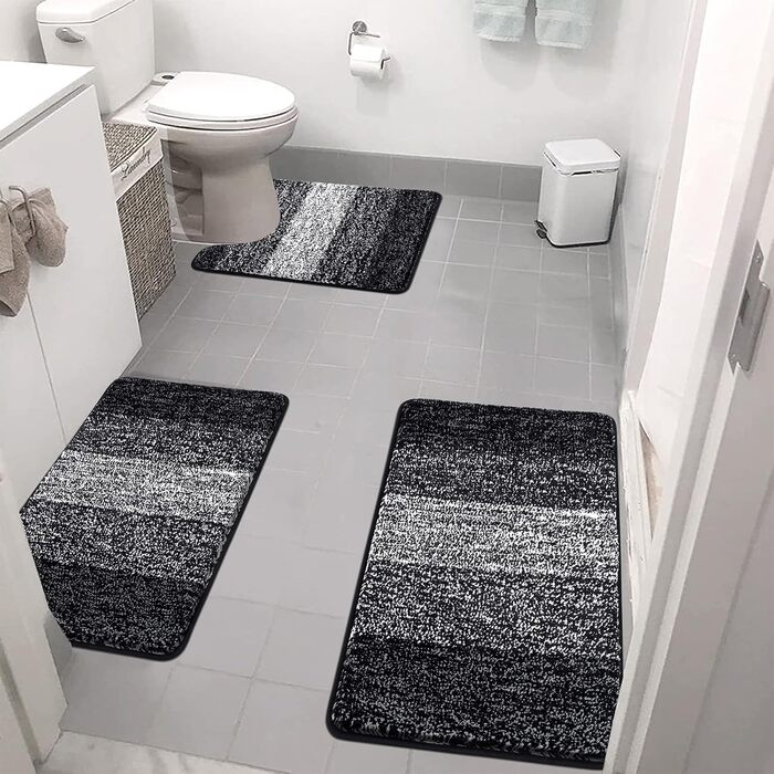 Enyhom 3-Piece Microfiber Bath Mat Set - Non-Slip Bathroom Rugs & Toilet Lid Cover - Soft & Washable (Black, 45x65cm, 50x80cm, 50x60cm)