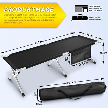 Кемпінгове ліжко TRESKO XXL, 190 x 64 x 44 см, металевий каркас, до 150 кг, чорне