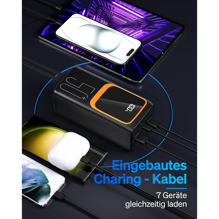 Портативний зарядний пристрій Power Bank 50000 mAh з вбудованим кабелем: швидка зарядка 22,5W, велика ємність, LED-ліхтарик, 7 виходів & 3 входи, чорний