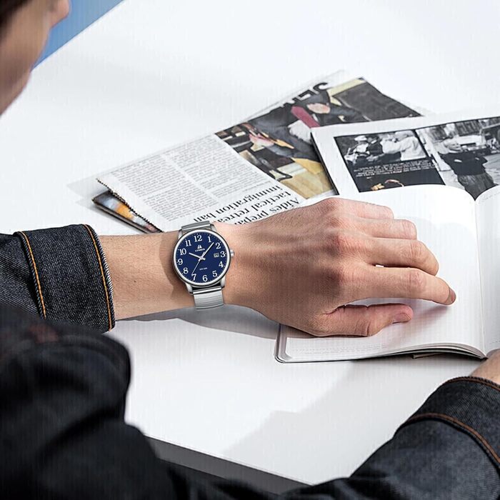 Годинник чоловічий LN LENQIN аналоговий кварцовий з нержавіючої сталі, з датою (блакитний)