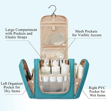 Women's Toiletry Bag, BAGSMART Travel Toiletry Organizer with Hanging Hook, Waterproof Cosmetic Makeup Bags Travel Organizer for Shampoo, Full Size Containers, Toiletries, Black L Black