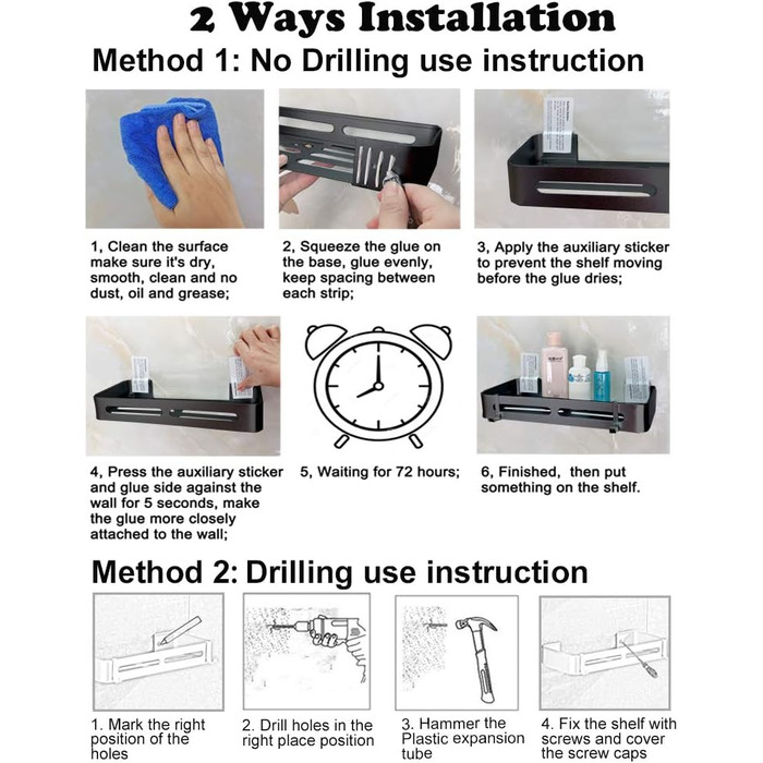 Настінна полиця Yeegout для ванної кімнати з гачками, кутова, чорна, з алюмінію, клейка