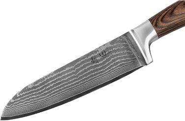Ніж Santoku Wakoli EDIB Damast I 17 см, лезо з 67 шарів з VG10-сталі, з ручкою з паккавуду. Професійний кухонний ніж з дамаської сталі в подарунковій коробці, без гравіювання.