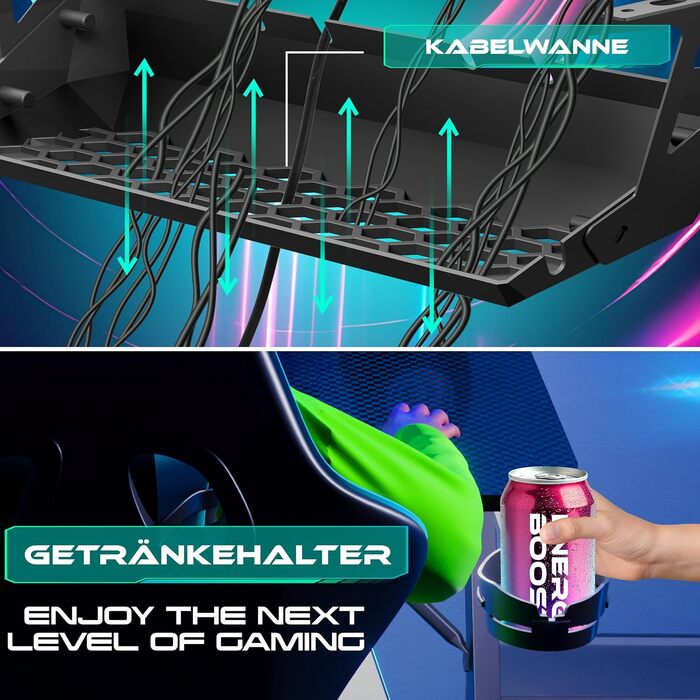 Ігровий стіл KESSER Gaming 120x60 см, Z-подібний ергономічний комп'ютерний стіл з карбоновим покриттям, підставкою для напоїв та гачком для навушників, чорний