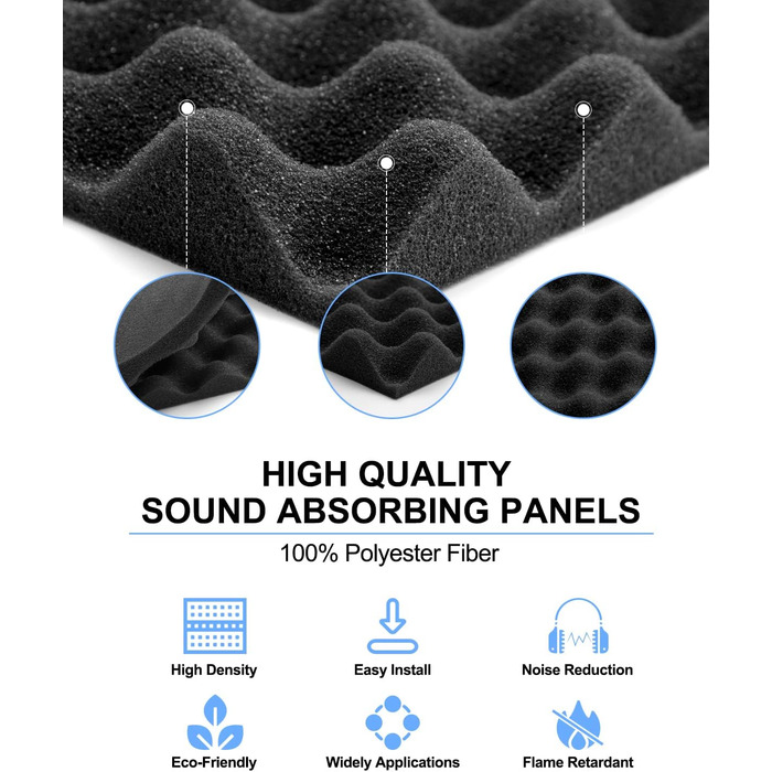 Акустичний шумопоглищаючий поролон «Яйце» з самоклейкою, 12 шт, вогнестійкий звукопоглинаючий матеріал для студії звукозапису, офісу та дому, чорний, 30×30×2,5 см
