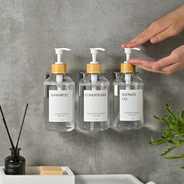 Настінний диспенсер для мила 3 шт, 500 мл, набір для душу та шампуню, чорний без свердління для кухні та ванної кімнати (прозора пляшка + білий бамбуковий ковпачок)