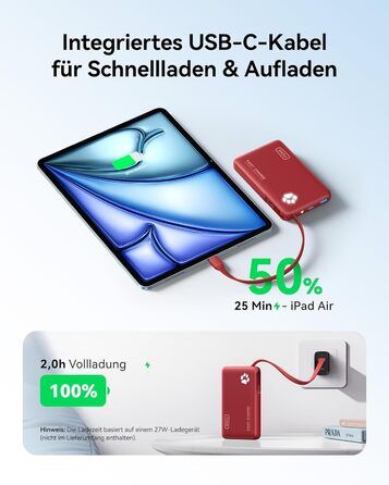 Power Bank INIU 10000mAh 20W з USB-C кабелем, PD3.0/QC4.0, для iPhone/Samsung/iPad (Червоний)