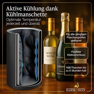 Охолоджувач для вина BARMINGO з нержавіючої сталі з 2 охолоджувальними акумуляторами – охолоджувач напоїв та охолоджувач пляшок для вина, шампанського, ігристого вина | Подвійний сектанкулер з охолоджувальними манжетами | Охолоджувач для винних пляшок | (
