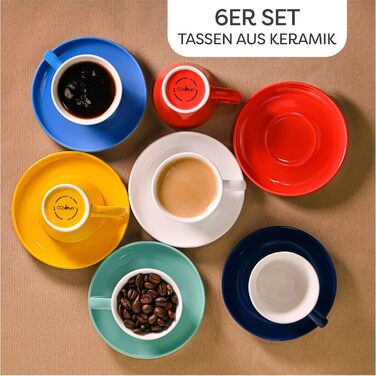 Набір чашок еспресо Cosumy 6 шт. з підставками - кераміка, кольорові, 70 мл, з можливістю складання, зберігає тепло, сучасний дизайн, подарункова коробка