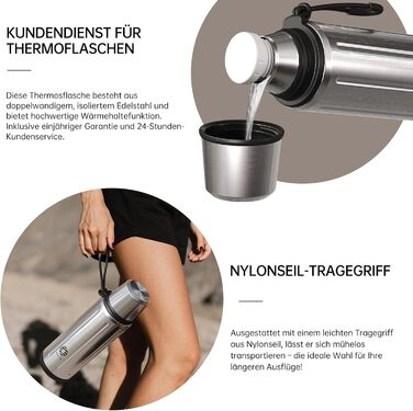 Термос Healter Thermoskanne 1л з чашкою (72 години холод, 24 години гаряче) – термофляга для кави, чаю, термокружка з фільтром та знімним дном. Підходить для подорожей, офісу та школи (зелений, срібний)