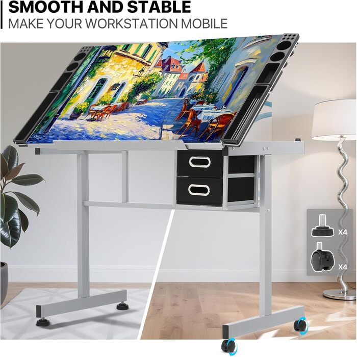 Adjustable Art Desk with Storage - Tiltable Drafting Table with Wheels - Multi-Purpose Craft Station