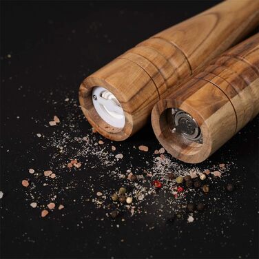 DeroTeno Salt and Pepper Grinder Set, Pepper Grinder with Stainless Steel Grinder, Salt Grinder with Ceramic Grinder, Acacia Wood, H 30 cm
