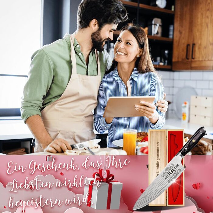 Updated Model - Valentine's Day Kitchen Knife Sharp Gift for Him, Professional Chef's Knife with Wooden Box, Partner Gifts for Men Husband, I Love You Valentine's Day Gift