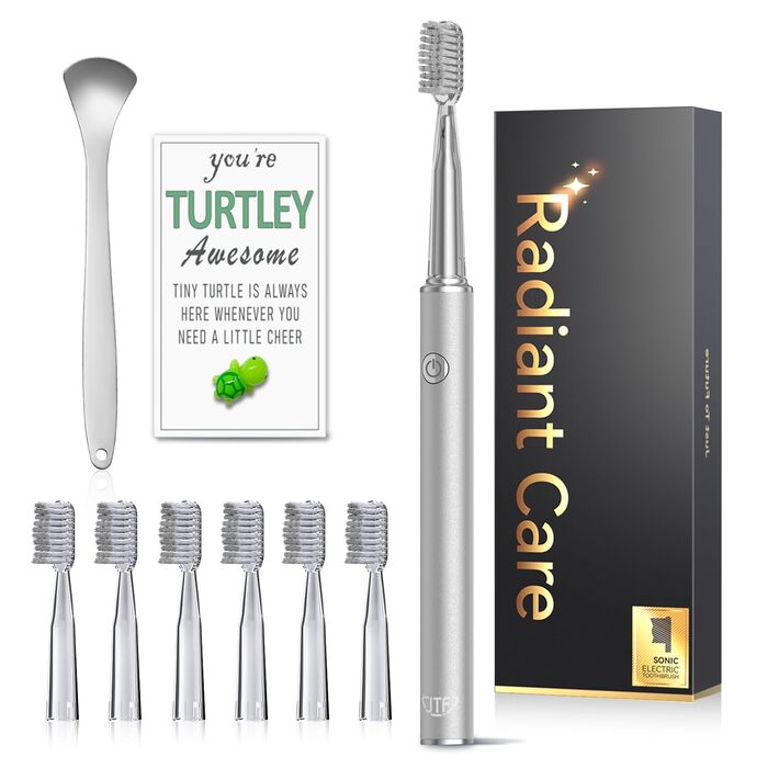 Електрична звукова зубна щітка JTF з очищувачем язика, 8 насадок, 5 режимів, Smart Memory, таймер 2 хв, IPX7, швидка зарядка 3год, для дорослих (блакитний/сріблястий)