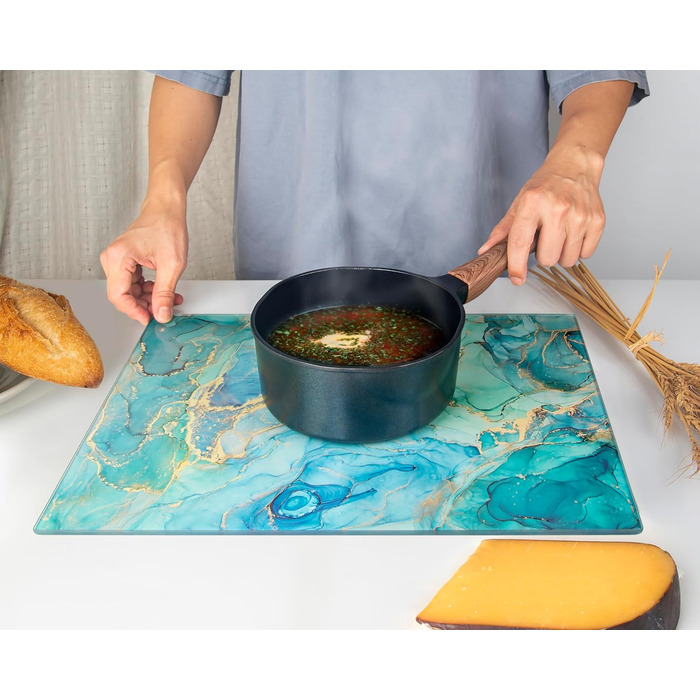 Скляна дошка для нарізання 40x30 см – гігієнічна скляна дошка з термостійкого скла, стійка до подряпин та ковзання – скляна плита для кухні, чорна поверхня під мармур (дизайн 09, 40L x 30B см)