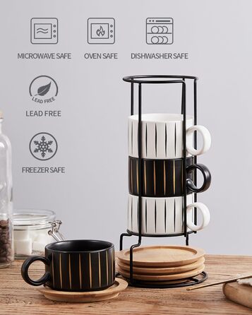 Набір кавових чашок Cappuccino HOME DECOR (4 шт.) 160 мл з підставками та стійкою - 160 мл, кераміка, для еспресо, капучино, лате, Stripe