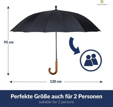 Edinburgh Windproof Umbrella - Large 16-Rib Black Umbrella with Wooden Handle & Silent Tip - LOGAN & BARNES