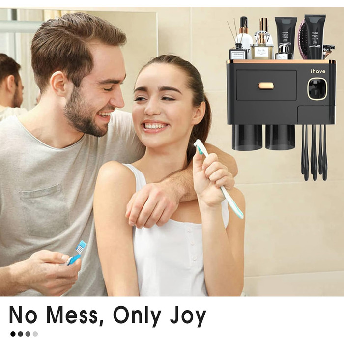 IHave Toothbrush Holder Wall Mounted, Bathroom Toothbrush Holder with Toothpaste Dispenser, 3 Cup Toothbrush Holder with Drawer, Large Capacity Toothbrush Organizer Bathroom (2 Cups, Black Gold)